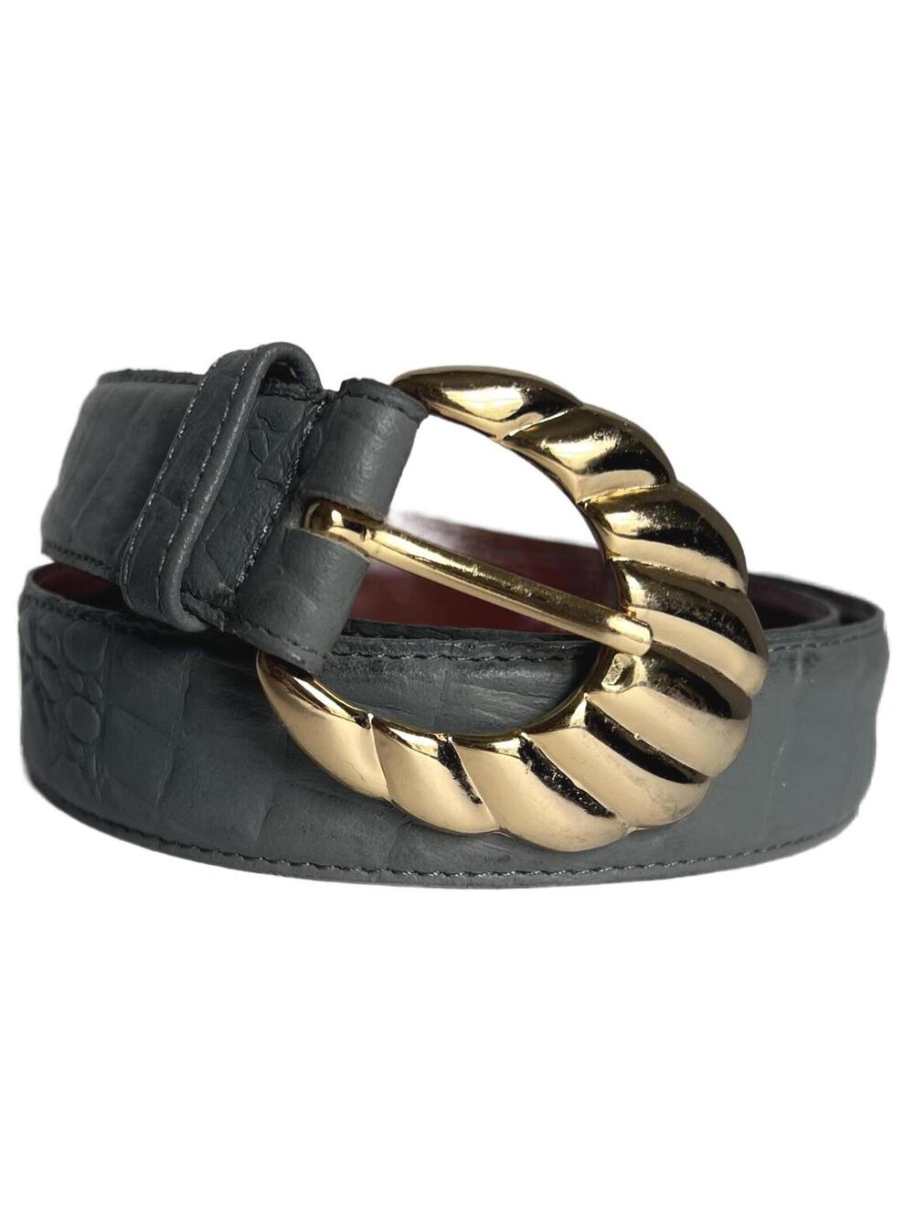 Vintage R.O.C. Gray Leather Croc Embossed Belt Gold-Tone Buckle Women's Large